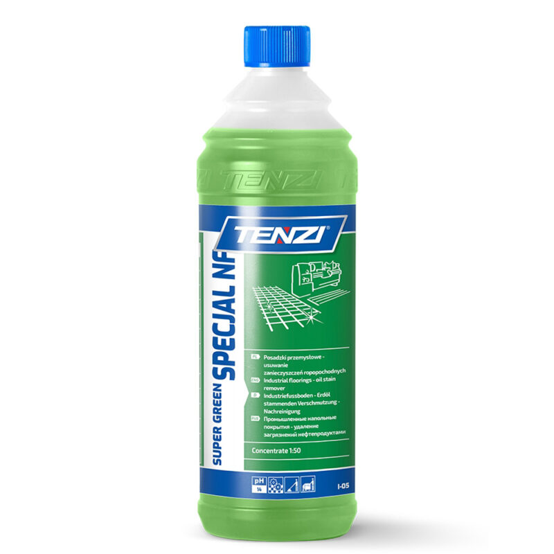 Alkalisch product aanbevolen voor het reinigen van industriële vloeren. Zeer effectief in reparatiewerkplaatsen. (Super Green special NF)